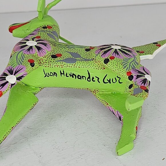 Handcrafted Green Floral Alebrije Deer Goat Figurine By Juan Hernandez Cruz - Picture 6 of 8